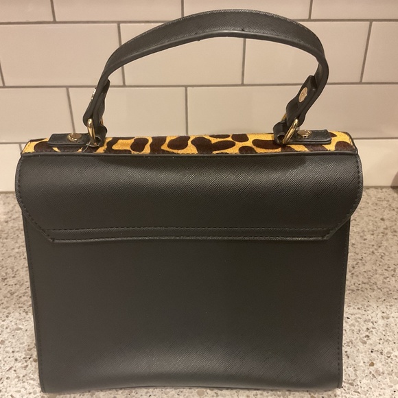Dune London Leopard Print/ Black Leather Medium Handbag with Brass Accents - Picture 4 of 7